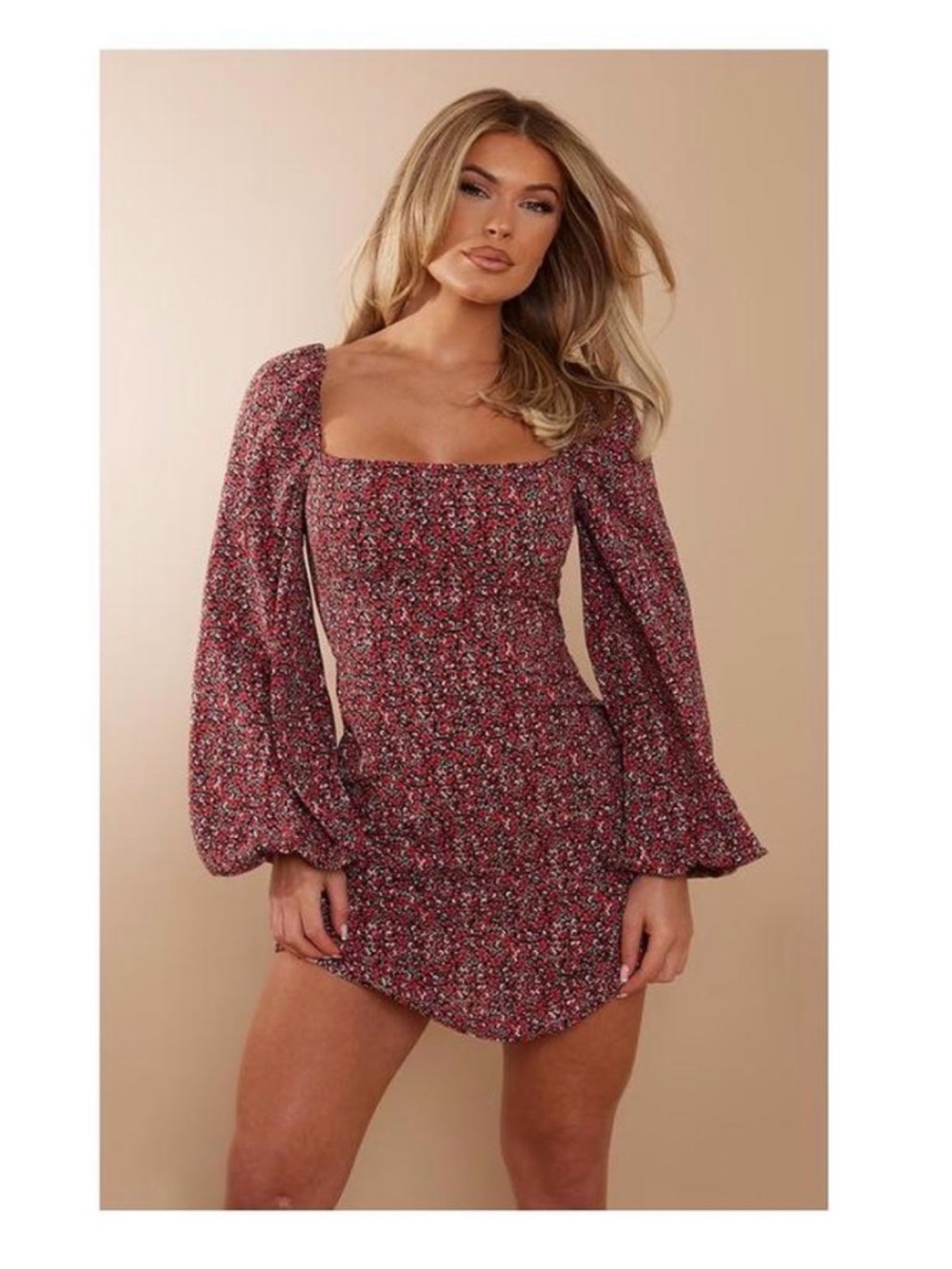 PrettyLittleThing Burgundy Floral Square-Neck Mini Dress XL